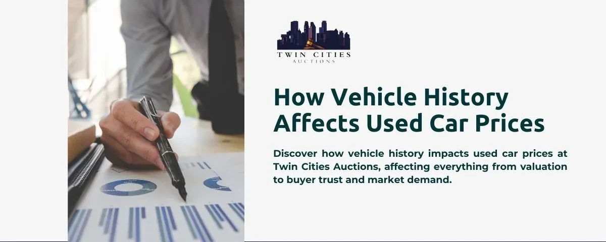 A person holding a marker points to a printed paper displaying graphs, illustrating how vehicle history affects used car prices.