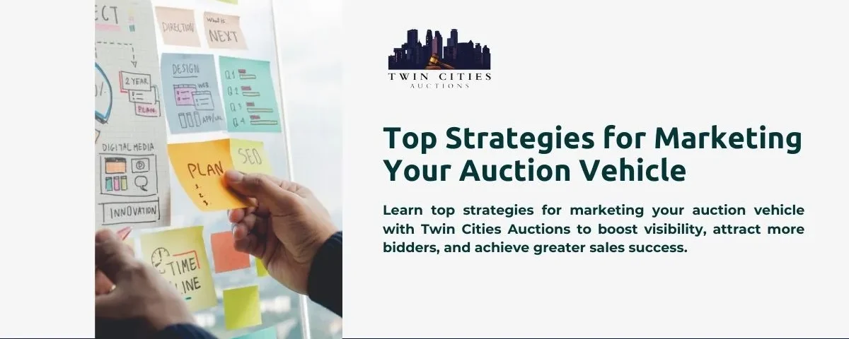 A person placing a sticky note labeled "PLAN" on a board with notes and diagrams. Text reads "Top Strategies for Marketing Your Auction Vehicle" with the Twin Cities Auctions logo.