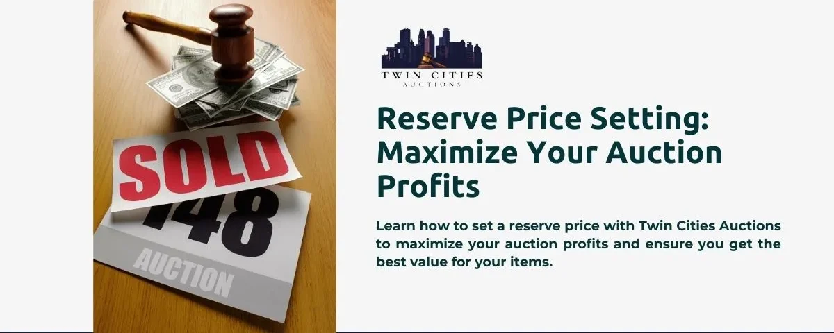 A gavel on a stack of dollar bills next to an auction paddle labeled "148" and a "SOLD" sign. Text reads "Reserve Price Setting: Maximize Your Auction Profits" with the Twin Cities Auctions logo above.