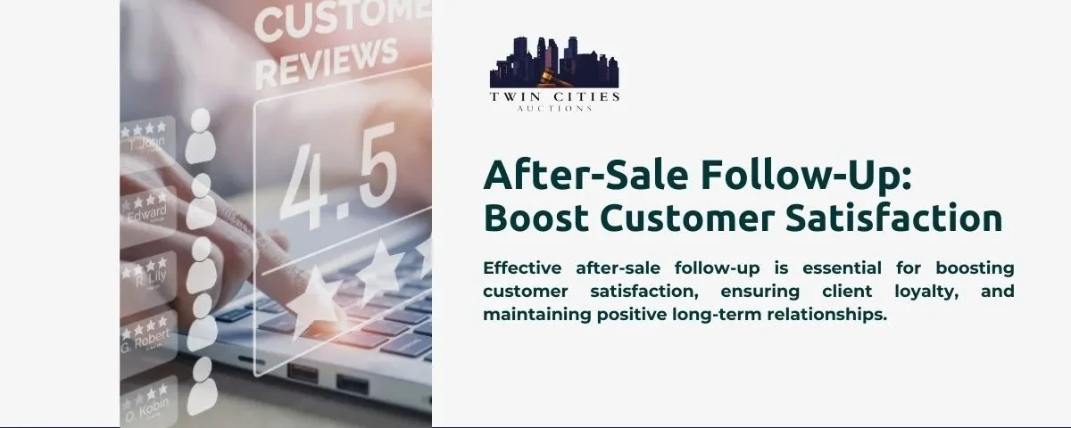 An image of a hand using a laptop showing a 4.5-star customer review. Text reads "After-Sale Follow-Up: Boost Customer Satisfaction" with the Twin Cities Auctions logo.