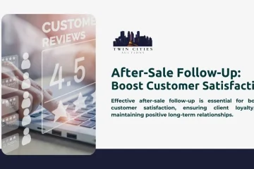 An image of a hand using a laptop showing a 4.5-star customer review. Text reads "After-Sale Follow-Up: Boost Customer Satisfaction" with the Twin Cities Auctions logo.