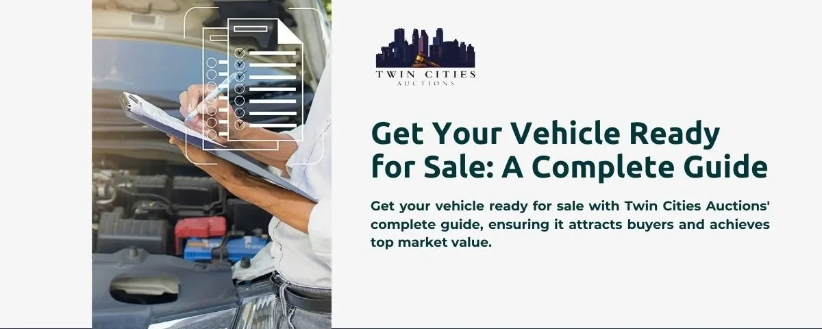 A person inspecting a vehicle's engine with a clipboard. Text reads "Get Your Vehicle Ready for Sale: A Complete Guide" with the Twin Cities Auctions logo above.