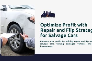 Two people inspect a damaged car, discussing potential repair options to optimize profit.