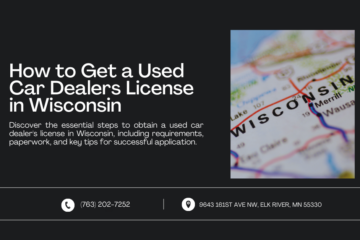 A banner titled "How to Get a Used Car Dealers License in Wisconsin" with a map of Wisconsin. It highlights the steps for obtaining a used car dealer's license, including requirements and tips. Contact info at the bottom includes a phone number and an Elk River, MN address.