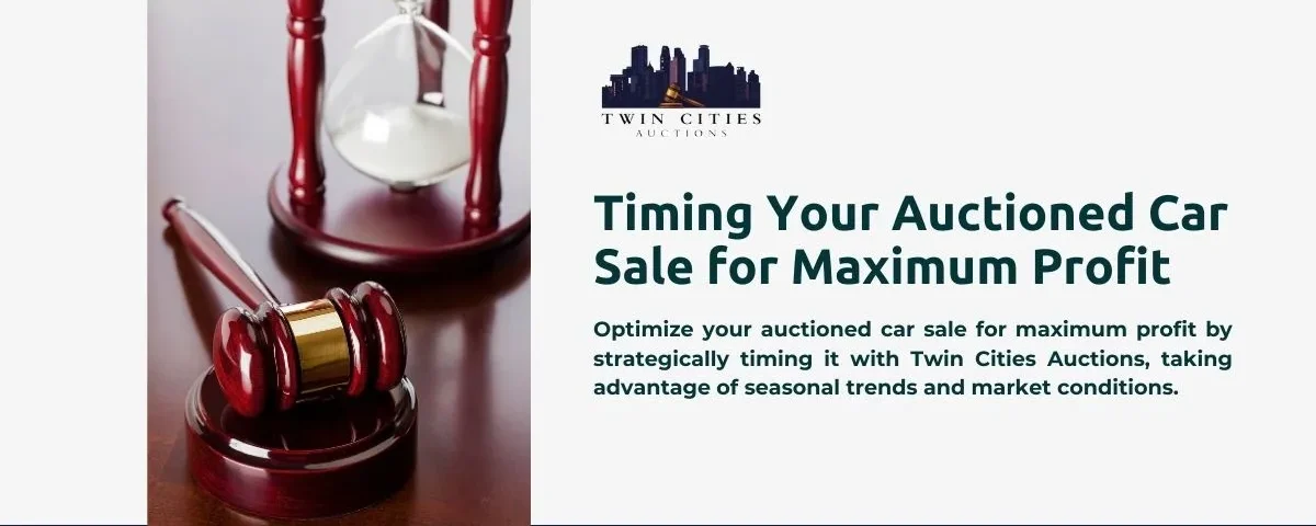 Twin Cities Auctions emphasizes "Timing Your Auctioned Car Sale for Maximum Profit," advising on strategic timing to optimize sales. The image includes a gavel, hourglass, and the company's logo.