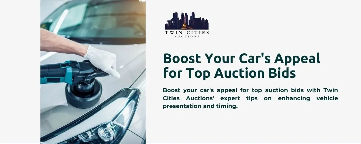 Twin Cities Auctions emphasizes "Boost Your Car's Appeal for Top Auction Bids," advising on how to enhance a car's appeal for higher auction bids with tips on vehicle presentation and timing.