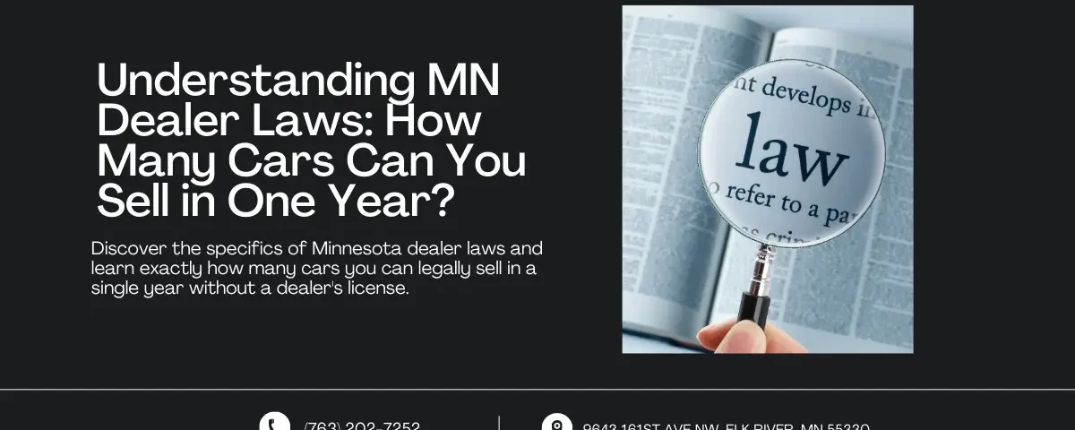 Web banner for an article on Minnesota dealer laws, featuring a magnifying glass over a law book with contact details for further inquiries.