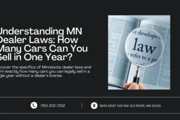 Web banner for an article on Minnesota dealer laws, featuring a magnifying glass over a law book with contact details for further inquiries.