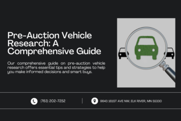 Web banner titled "Pre-Auction Vehicle Research: A Comprehensive Guide" with an illustration of a magnifying glass over a car icon. The text highlights the guide's essential tips and strategies for making informed decisions and smart buys at vehicle auctions. Contact information, including a phone number and an address in Elk River, MN, is provided at the bottom.