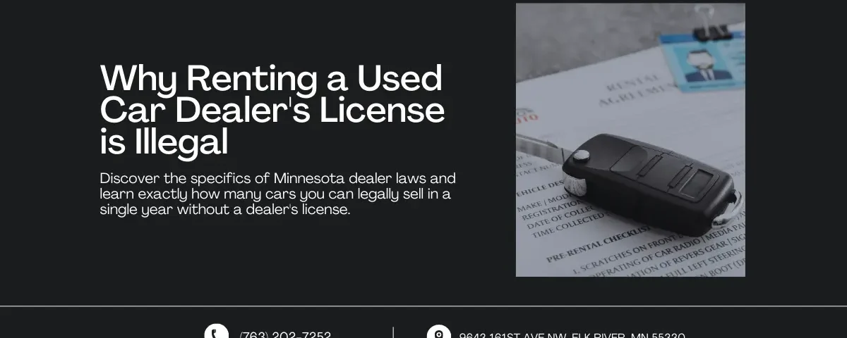 Web banner discussing the illegality of renting a used car dealer's license, featuring a key and documents on a desk.