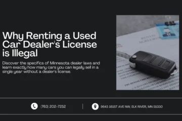 Web banner discussing the illegality of renting a used car dealer's license, featuring a key and documents on a desk.