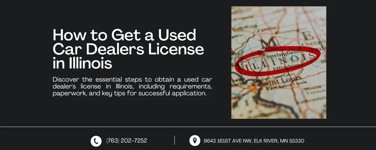 web banner titled "How to Get a Used Car Dealers License in Illinois" featuring a map of Illinois with Springfield highlighted. The text explains the steps to obtain a used car dealer's license in Illinois, including requirements, paperwork, and key tips for successful application. Contact information at the bottom includes a phone number and an address in Elk River, MN.