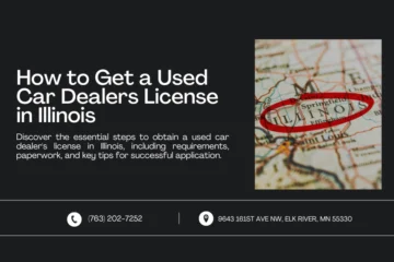 web banner titled "How to Get a Used Car Dealers License in Illinois" featuring a map of Illinois with Springfield highlighted. The text explains the steps to obtain a used car dealer's license in Illinois, including requirements, paperwork, and key tips for successful application. Contact information at the bottom includes a phone number and an address in Elk River, MN.