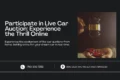 Web banner titled "Participate in Live Car Auction: Experience the Thrill Online" featuring an image of a gavel and a toy car. The text invites users to experience the excitement of live car auctions from home, bidding in real-time for their dream car. Contact information is provided at the bottom, including a phone number and an address in Elk River, MN.