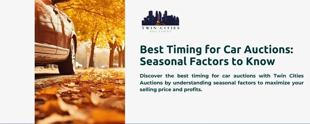 A car parked on a tree-lined street with autumn leaves on the ground. Text beside the image reads "Best Timing for Car Auctions: Seasonal Factors to Know," with the Twin Cities Auctions logo is displayed above the text.