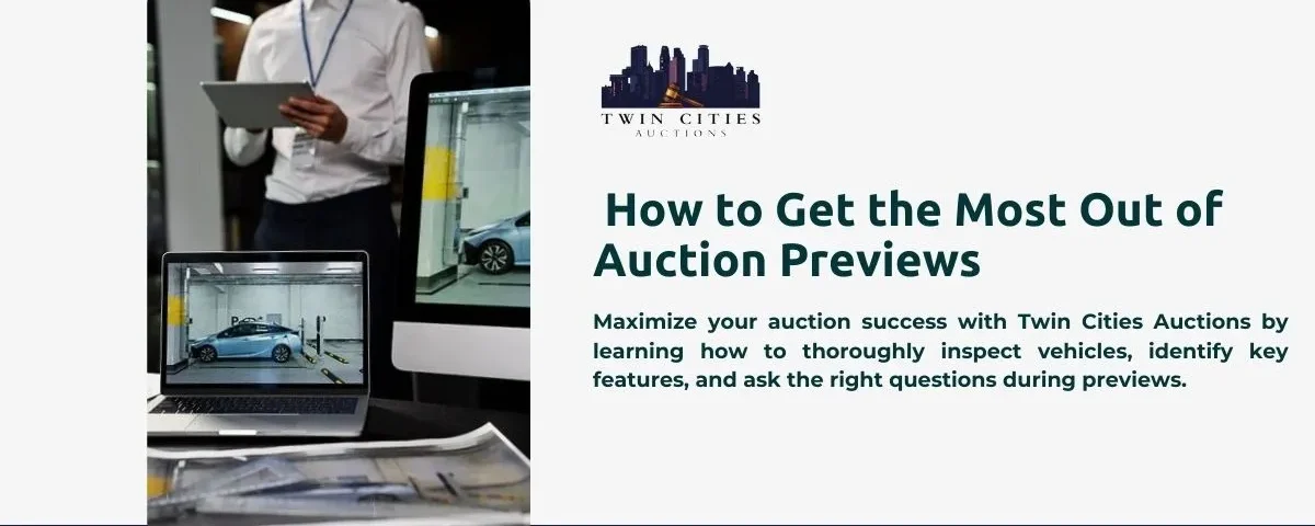 A person using a tablet stands beside a computer displaying a car image. Text reads "How to Get the Most Out of Auction Previews" with tips from Twin Cities Auctions on inspecting vehicles, identifying key features, and asking the right questions.