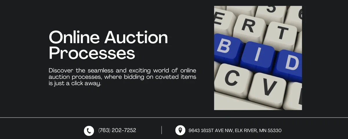 Image promoting online auction processes. The title reads 'Online Auction Processes,' with a subtitle about the ease and excitement of online bidding. The right side shows a keyboard with blue keys spelling 'BID.' Contact info at the bottom: (763) 202-7252 and 9643 161st Ave NW, Elk River, MN 55330.