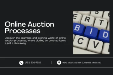Image promoting online auction processes. The title reads 'Online Auction Processes,' with a subtitle about the ease and excitement of online bidding. The right side shows a keyboard with blue keys spelling 'BID.' Contact info at the bottom: (763) 202-7252 and 9643 161st Ave NW, Elk River, MN 55330.