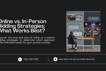 Comparison of online vs. in-person bidding. Left side: person bidding online from home. Right side: lively in-person car auction. Text: 'Online vs. In-Person Bidding Strategies: What Works Best?' with contact information below.