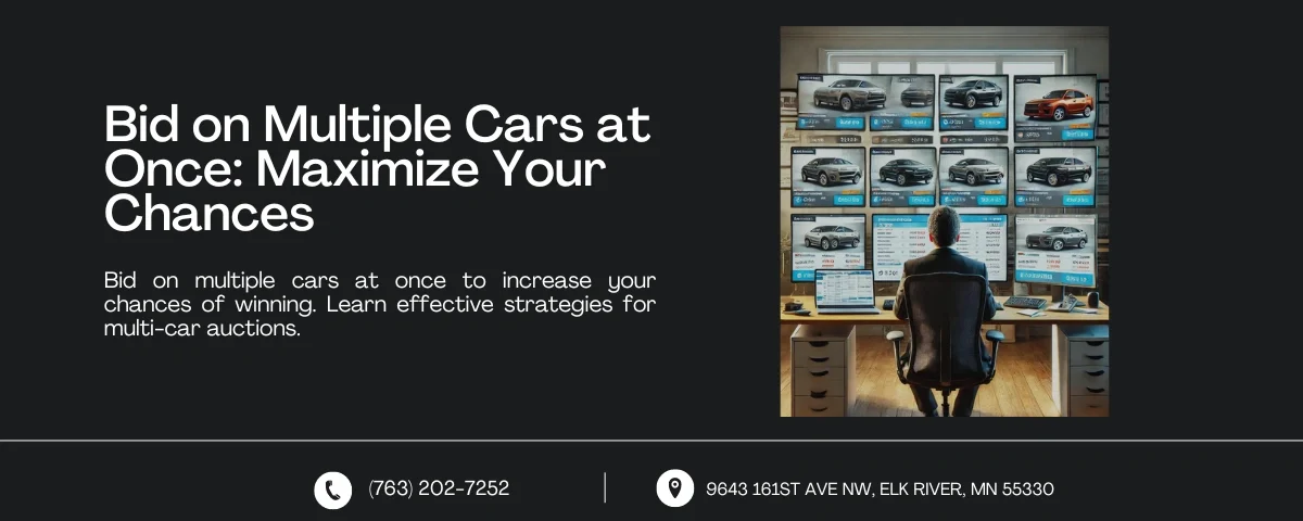 Image depicting a person bidding on multiple cars at once in a home office setup with several computer screens displaying different car auction sites. Text reads: 'Bid on Multiple Cars at Once: Maximize Your Chances' with contact information below.