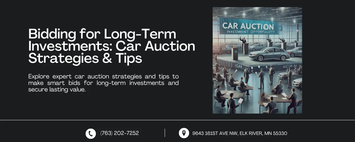 Image depicting a car auction with a banner reading 'Car Auction, Investment Opportunity'. The scene includes bidders holding paddles, an auctioneer on the podium, and various cars on display. Text reads: 'Bidding for Long-Term Investments: Car Auction Strategies & Tips' with contact information below.