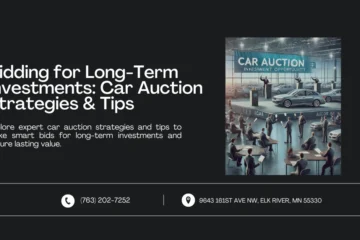 Image depicting a car auction with a banner reading 'Car Auction, Investment Opportunity'. The scene includes bidders holding paddles, an auctioneer on the podium, and various cars on display. Text reads: 'Bidding for Long-Term Investments: Car Auction Strategies & Tips' with contact information below.