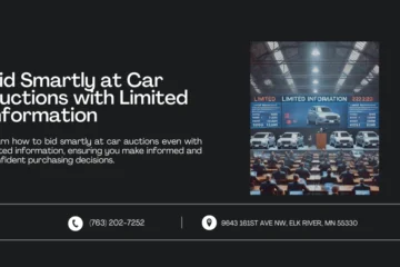 Image showing a car auction with limited information displayed on screens. The scene includes an auctioneer on the podium, various cars on display, and bidders holding paddles and checking their devices. Text reads: 'Bid Smartly at Car Auctions with Limited Information' with contact information below.