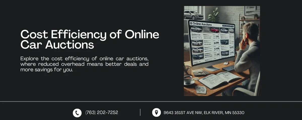 Image showing a person comparing car prices on an online auction site from home. The computer screen displays various car listings with prices in a cozy home office setting. Text reads: 'Cost Efficiency of Online Car Auctions' with contact information below.