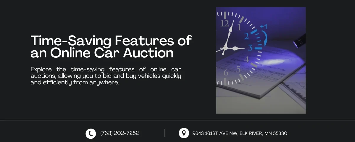 Image showing a clock and documents, emphasizing time-saving features. Text reads: 'Time-Saving Features of an Online Car Auction' with contact information below.