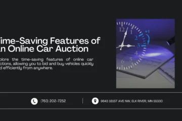 Image showing a clock and documents, emphasizing time-saving features. Text reads: 'Time-Saving Features of an Online Car Auction' with contact information below.