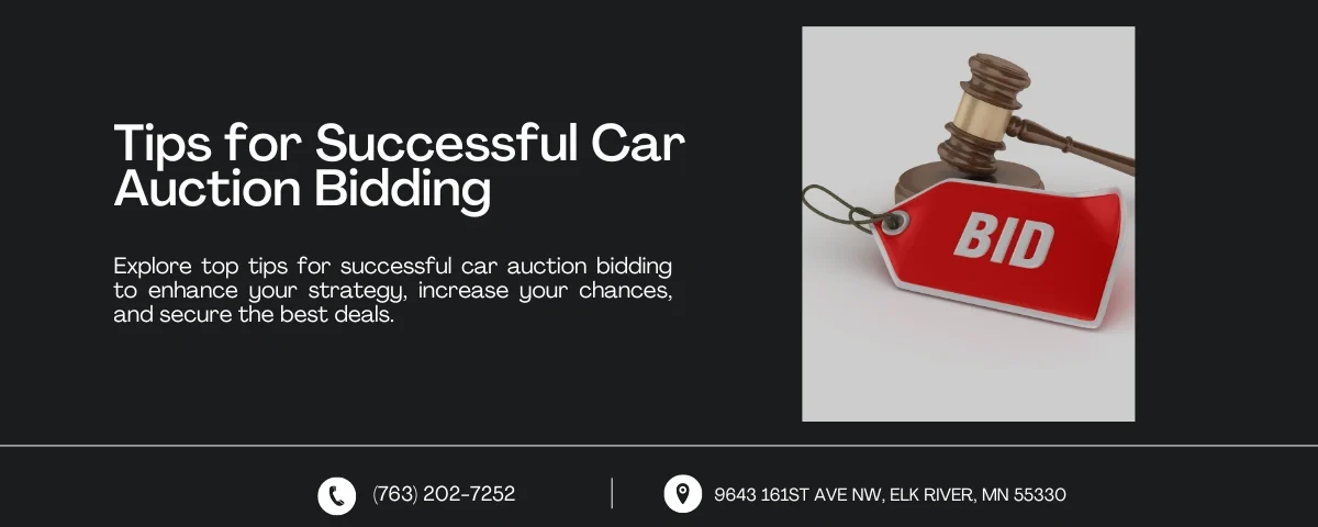 Image showing a gavel and a red tag labeled 'BID'. Text reads: 'Tips for Successful Car Auction Bidding' with contact information below.