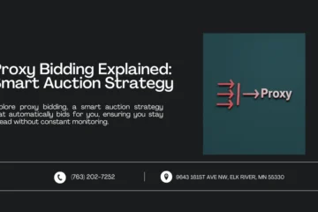 Image showing an illustration with arrows labeled 'Proxy'. Text reads: 'Proxy Bidding Explained: Smart Auction Strategy' with contact information below.