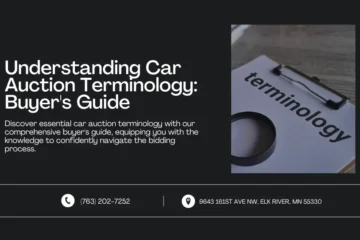 An image featuring a title and brief description about a comprehensive guide to car auction terminology, accompanied by a close-up photo of a clipboard with the word "terminology" and a magnifying glass, emphasizing the importance of understanding key terms. Contact information and address are displayed at the bottom.