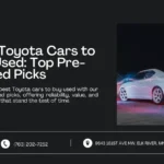 An image featuring a title and description about the best pre-owned Toyota cars to buy. The right side shows a white Toyota car illuminated under night lighting, symbolizing reliability and performance. Contact information and address are displayed at the bottom.