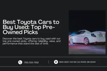 An image featuring a title and description about the best pre-owned Toyota cars to buy. The right side shows a white Toyota car illuminated under night lighting, symbolizing reliability and performance. Contact information and address are displayed at the bottom.