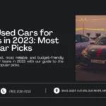 An image featuring a title and description highlighting the safest and most reliable used cars for teens in 2023. The right side shows a sleek car parked under string lights at dusk, symbolizing the appeal of these popular picks. Contact information and address are displayed at the bottom.