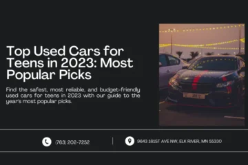 An image featuring a title and description highlighting the safest and most reliable used cars for teens in 2023. The right side shows a sleek car parked under string lights at dusk, symbolizing the appeal of these popular picks. Contact information and address are displayed at the bottom.