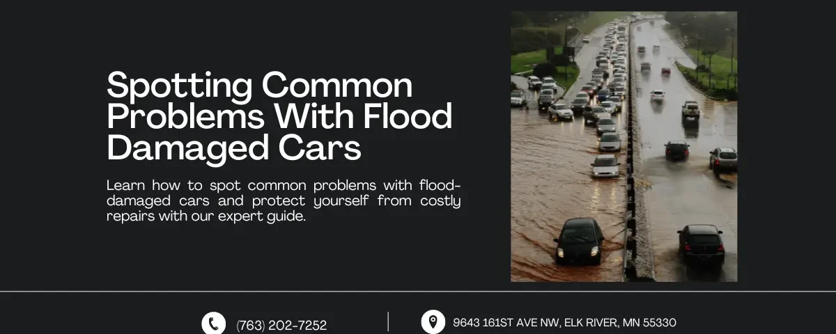 An image featuring a title and description about identifying issues with flood-damaged cars. The right side shows a highway with cars driving through floodwaters, highlighting the importance of careful inspection. Contact information and address are displayed at the bottom.