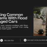 An image featuring a title and description about identifying issues with flood-damaged cars. The right side shows a highway with cars driving through floodwaters, highlighting the importance of careful inspection. Contact information and address are displayed at the bottom.