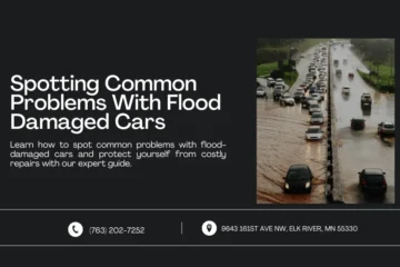 An image featuring a title and description about identifying issues with flood-damaged cars. The right side shows a highway with cars driving through floodwaters, highlighting the importance of careful inspection. Contact information and address are displayed at the bottom.