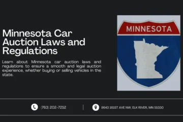 An image featuring a title and brief description about learning Minnesota's car auction laws and regulations. The right side of the image shows an icon resembling a road sign with the outline of Minnesota. Contact information and address are displayed at the bottom.