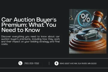 An image providing insights on car auction buyer's premiums. The right side features a visual with a car under a glass dome, a gavel, and a percentage symbol, representing the concept of buyer's premiums in auctions. Contact information and address are displayed at the bottom.