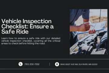 An image featuring a title and brief description about a detailed vehicle inspection checklist. The right side shows a mechanic or inspector checking off items on a clipboard while examining a car's engine. Contact information and address are displayed at the bottom.