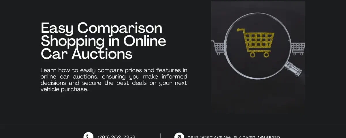 An image featuring a title and brief description about comparing prices and features in online car auctions. The right side shows a magnifying glass focusing on a shopping cart icon, symbolizing the idea of careful comparison. Contact information and address are displayed at the bottom.