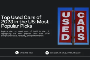 An image with a title and description highlighting the best used cars of 2023 in the US. The right side features a bright red sign with the words "USED CARS" in bold white letters. Contact information and address are displayed at the bottom.