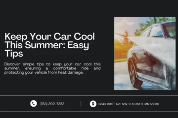 An image featuring a title and description offering tips to keep your car cool during summer. The right side shows a car being washed with water, symbolizing one of the methods to protect it from heat damage. Contact information and address are displayed at the bottom.