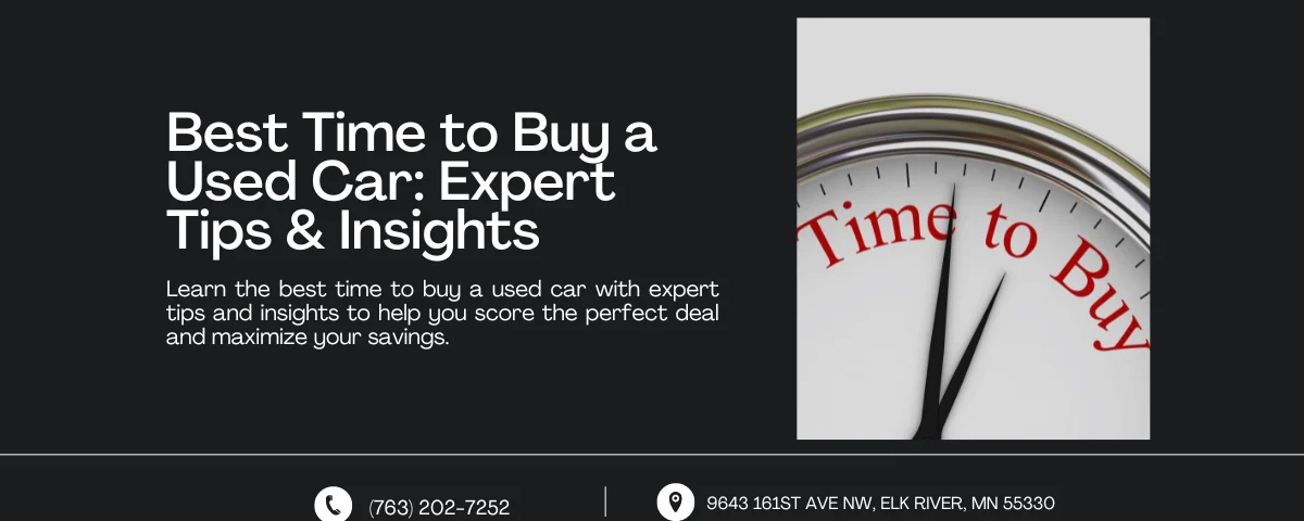 An image featuring a title and description providing advice on the best time to purchase a used car. The right side shows a close-up of a clock face with the words "Time to Buy," emphasizing the importance of timing in securing the best deal. Contact information and address are displayed at the bottom.