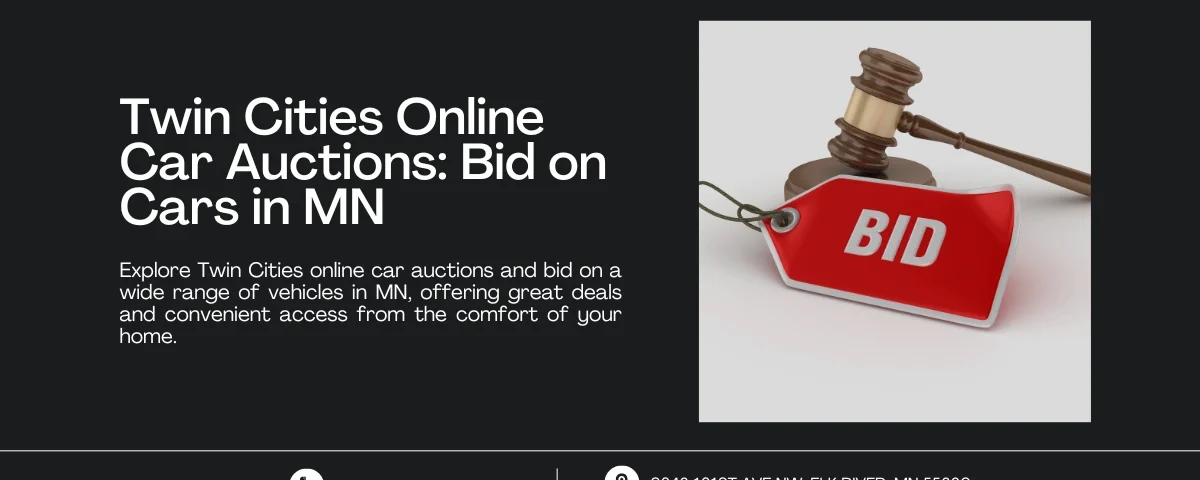 Image promoting Twin Cities Online Car Auctions: Bid on Cars in MN, featuring a gavel and a red 'BID' tag, symbolizing online car auction opportunities and great deals.