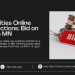 Image promoting Twin Cities Online Car Auctions: Bid on Cars in MN, featuring a gavel and a red 'BID' tag, symbolizing online car auction opportunities and great deals.