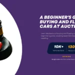 A featured image for Twin Cities Auctions showing a gavel with a toy red car, titled 'A Beginner's Guide to Buying and Flipping Cars at Auctions.' The image highlights '10K+ Vehicles Sold' and '13000+ Happy Customers' with a five-star Google review rating, promoting learning the basics of car auctions for profitable reselling.